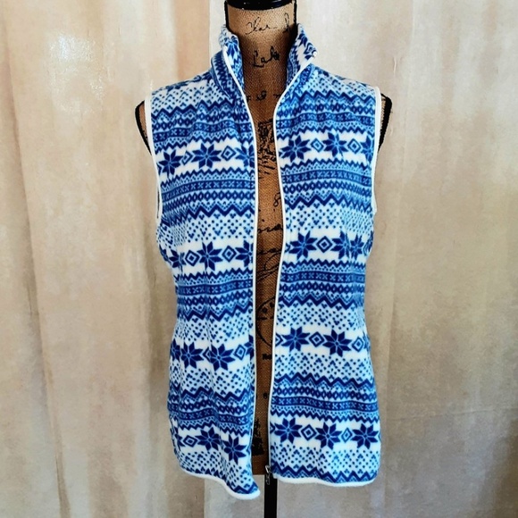 Fleece Vest Sleeveless Full Zip Blue White Nordic Snowflake Sz M - Picture 3 of 13
